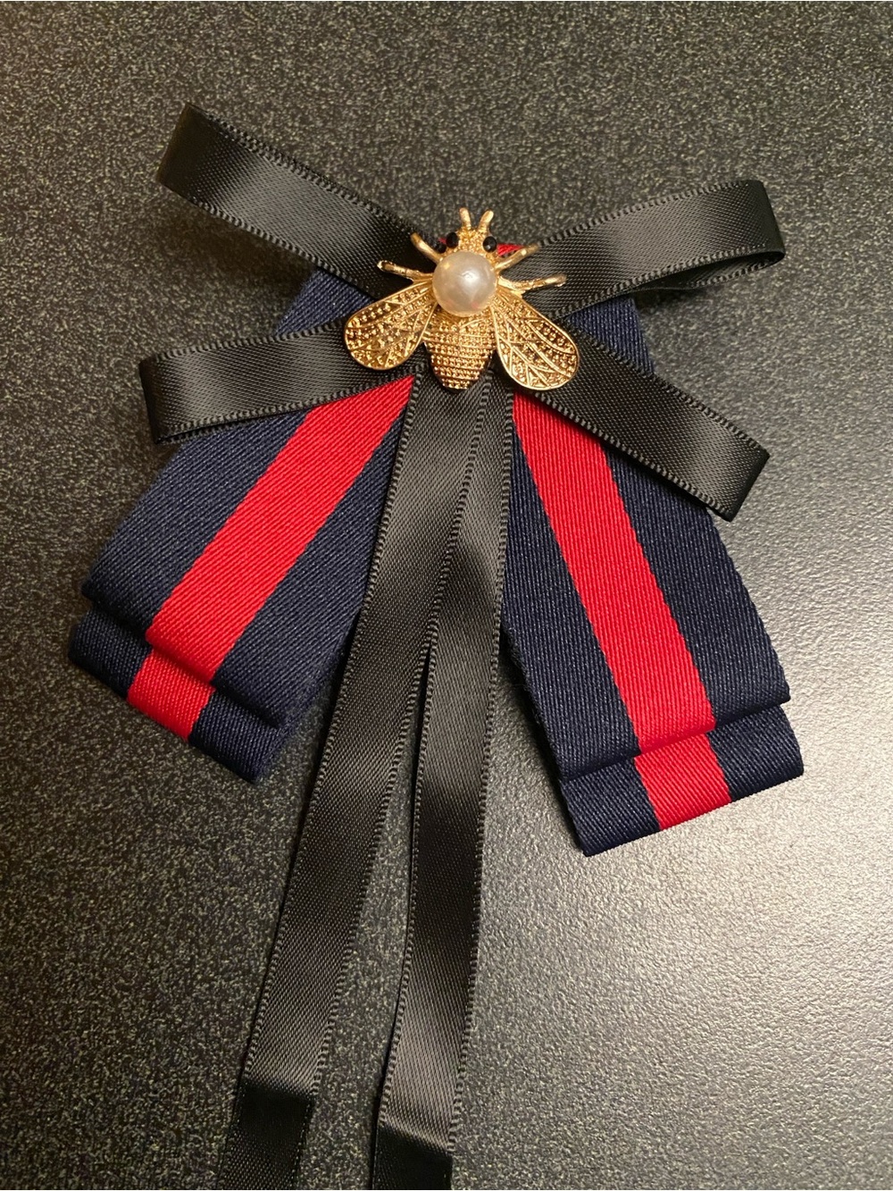Fashion Jewelry Black Ribbon Brooch with Navy and Red Stripes and Gold Bee